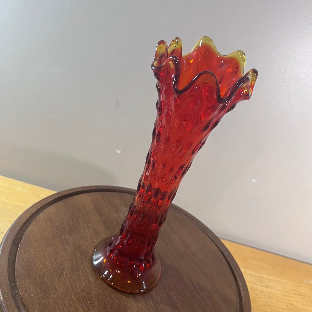 Vtg Fenton Red Rustic Funeral Swung Vase Amberina Glass Ruffled Rim 10" Rare